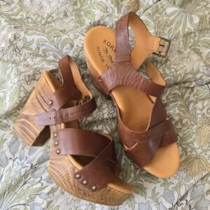 Kork-ease Leather Platform Sandals Clog Heels With Buckles
